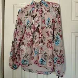 Yumi Kim Pink Floral Blouse Fully Lined Sheer Balloon Sleeves Smocked Hi Neck S
